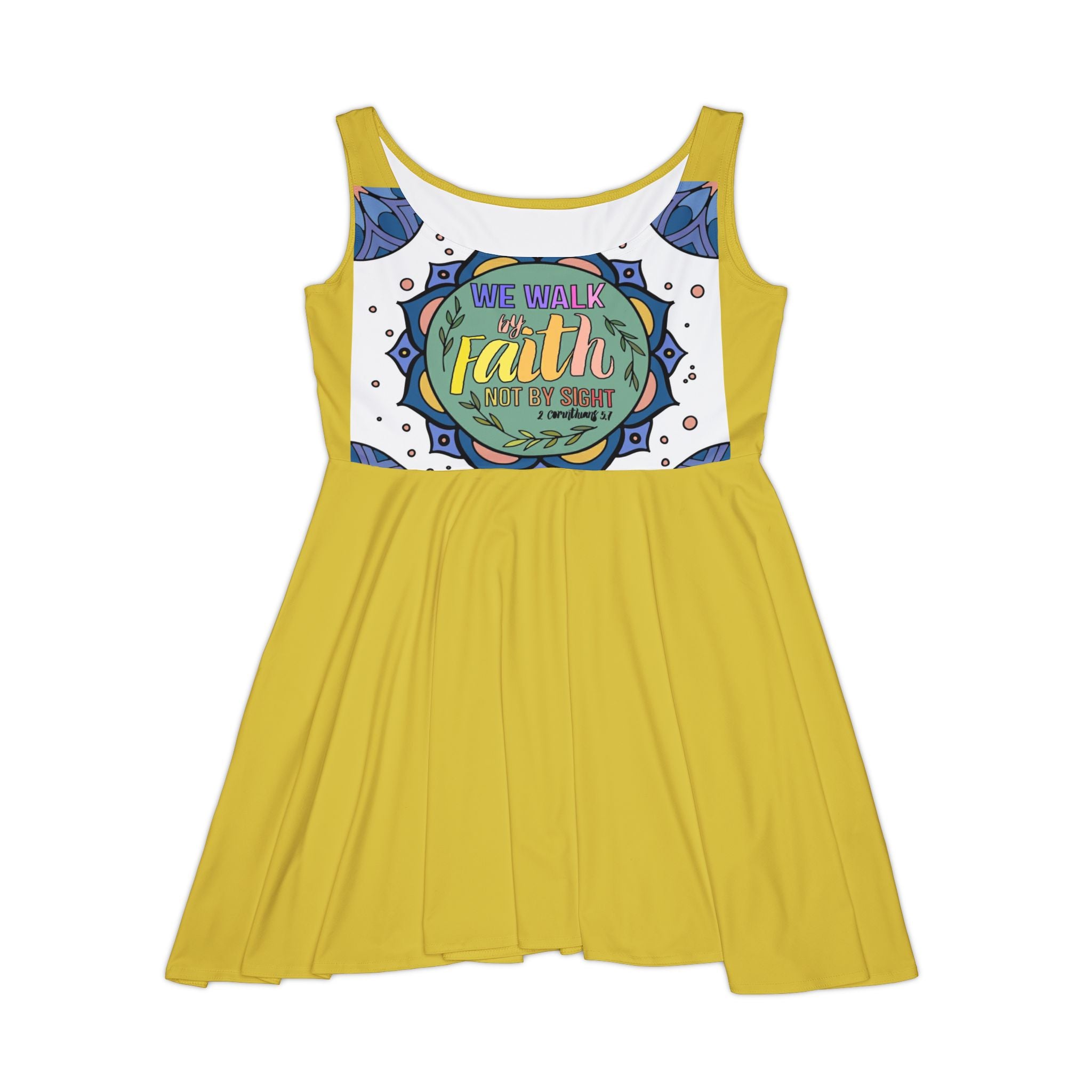 Faith-Inspired Yellow Skater Dress  'We Walk by Faith' Graphic