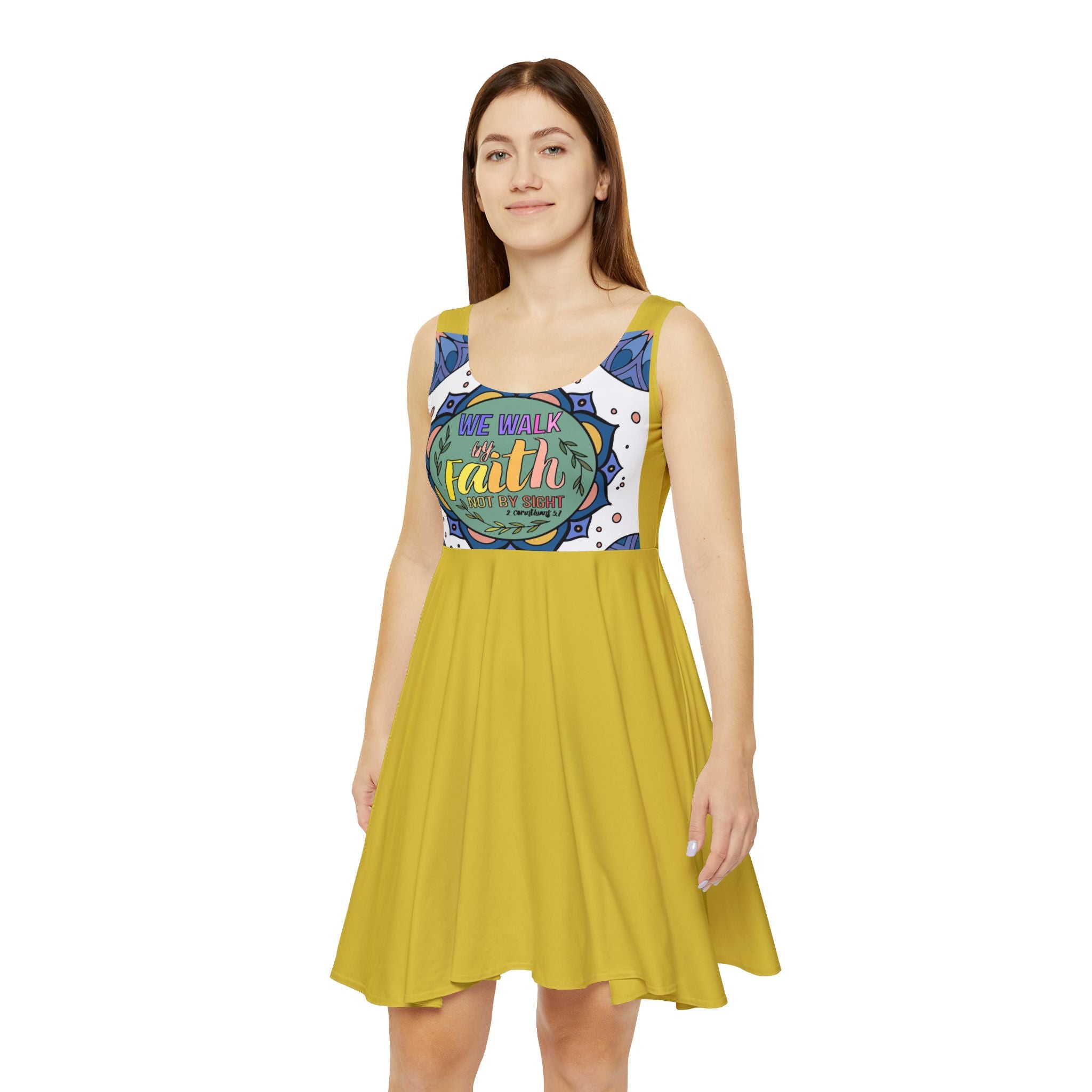 Faith-Inspired Yellow Skater Dress  'We Walk by Faith' Graphic