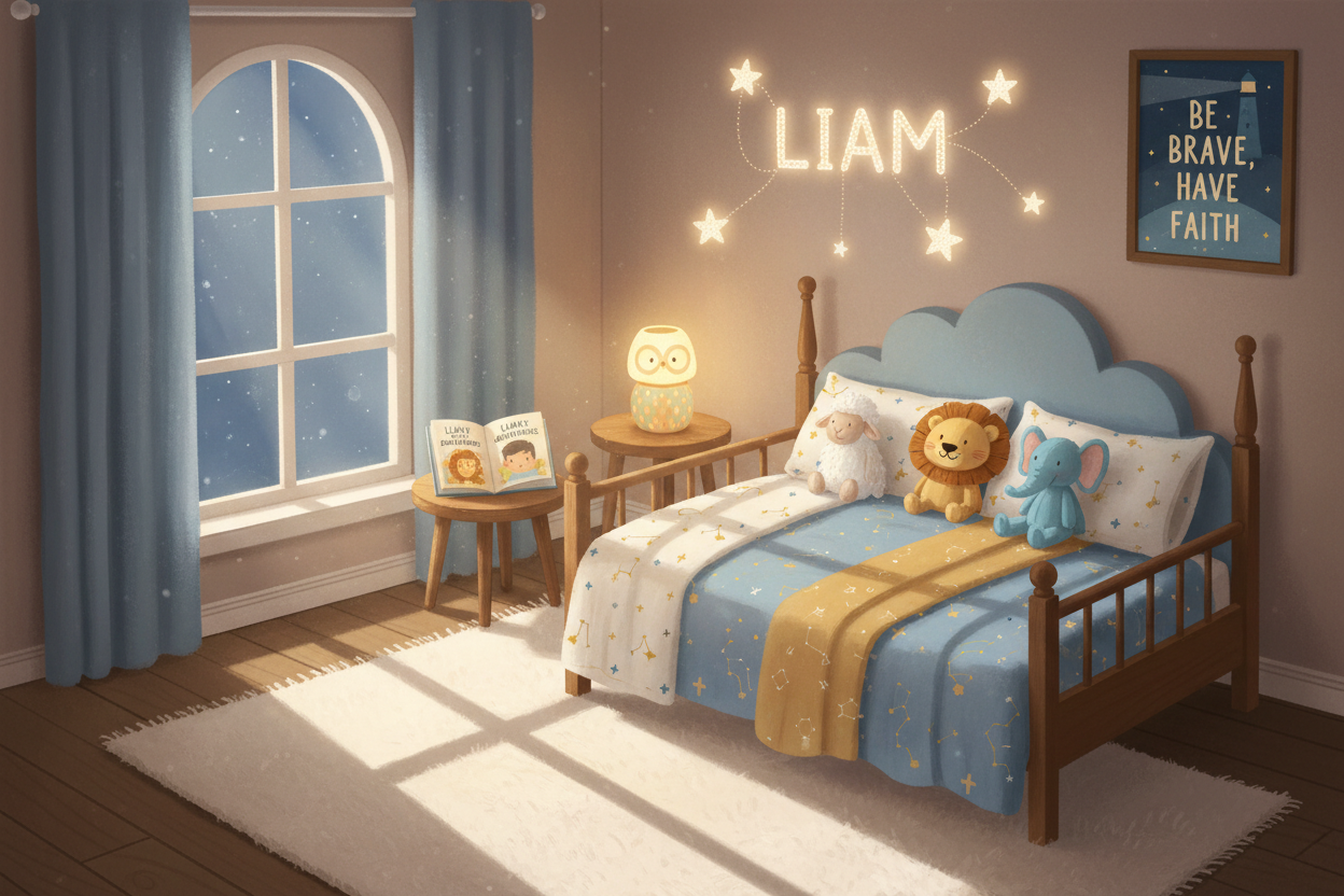 Cozy moonlit bedroom with personalized storybook