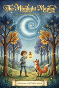 Boy walking through enchanted moonlit forest with glowing lantern and friendly fox