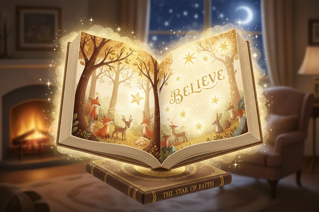 Magical glowing open storybook with illustrated pages