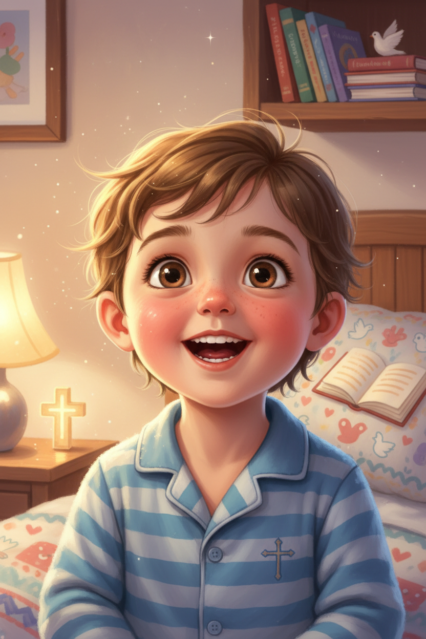 Child's face lighting up with joy hearing their name in a bedtime story