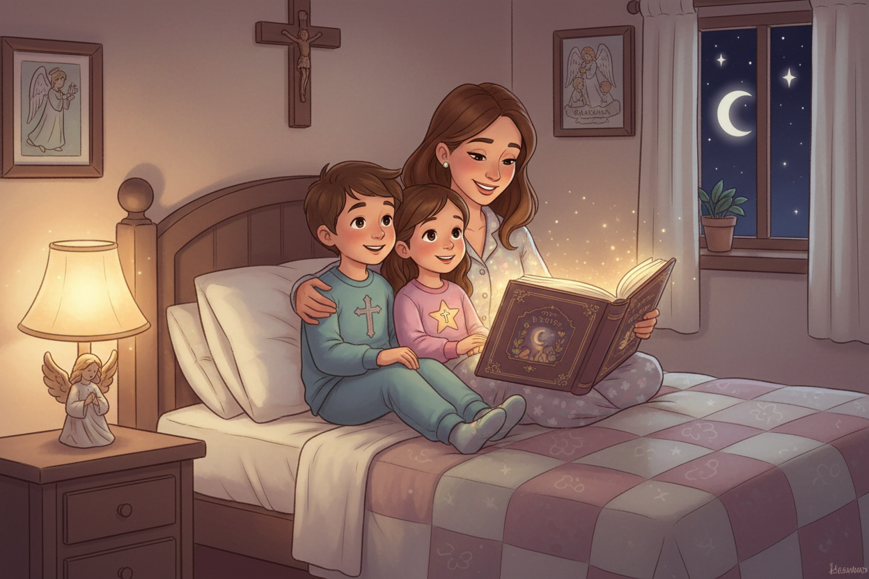Mother reading a bedtime story book to a boy and girl